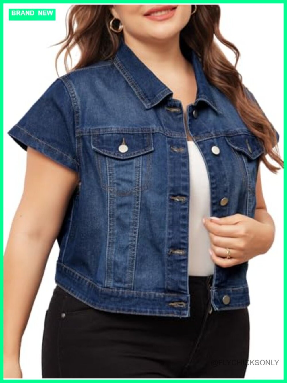 Plus Size Short Sleeve Cropped Denim Jacket Button Down